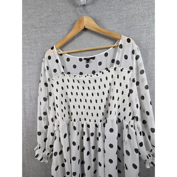 Torrid 3 Blouse Babydoll Chiffon Smocked Polka Dot White Black Whimsigoth Boho - Picture 3 of 12